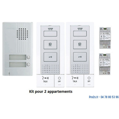 AIPHONE KITDB2 AUDIO pour 2 APPARTEMENTS, 2 BP, 2 postes mains libres et 2 alim. (DA2DS+2xDB1MD+2xPT1211DR), 2 fils