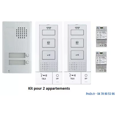 AIPHONE KITDB2 AUDIO pour 2 APPARTEMENTS, 2 BP, 2 postes mains libres et 2 alim. (DA2DS+2xDB1MD+2xPT1211DR), 2 fils