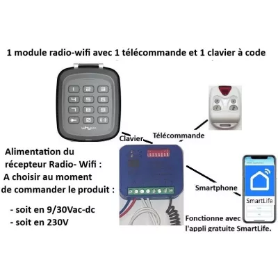 Clavier radio avec 1 télécommande et un récepteur RADIO-WIFI 433/868 Mhz 2 relais, 12/24V ou 230V