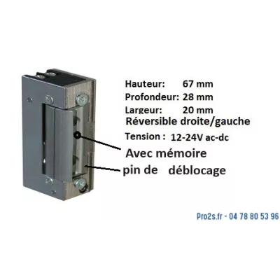 Gâche électrique GA 40 12/24Vac-dc EMISSION à mémoire et pine de déblocage