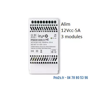 IZYX PSDX1205HE, alimentation, redressé, filtré, stabilisé 230V/12Vcc 5A rail Din 3 modules